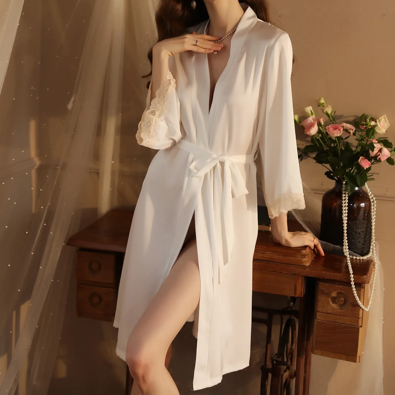 

Sexy Satin Silk Kimono Robe Bathrobe Women Bride Wedding Robe Autumn Sleepwear Robes Female Casual Home Dressing Gowns Pajamas