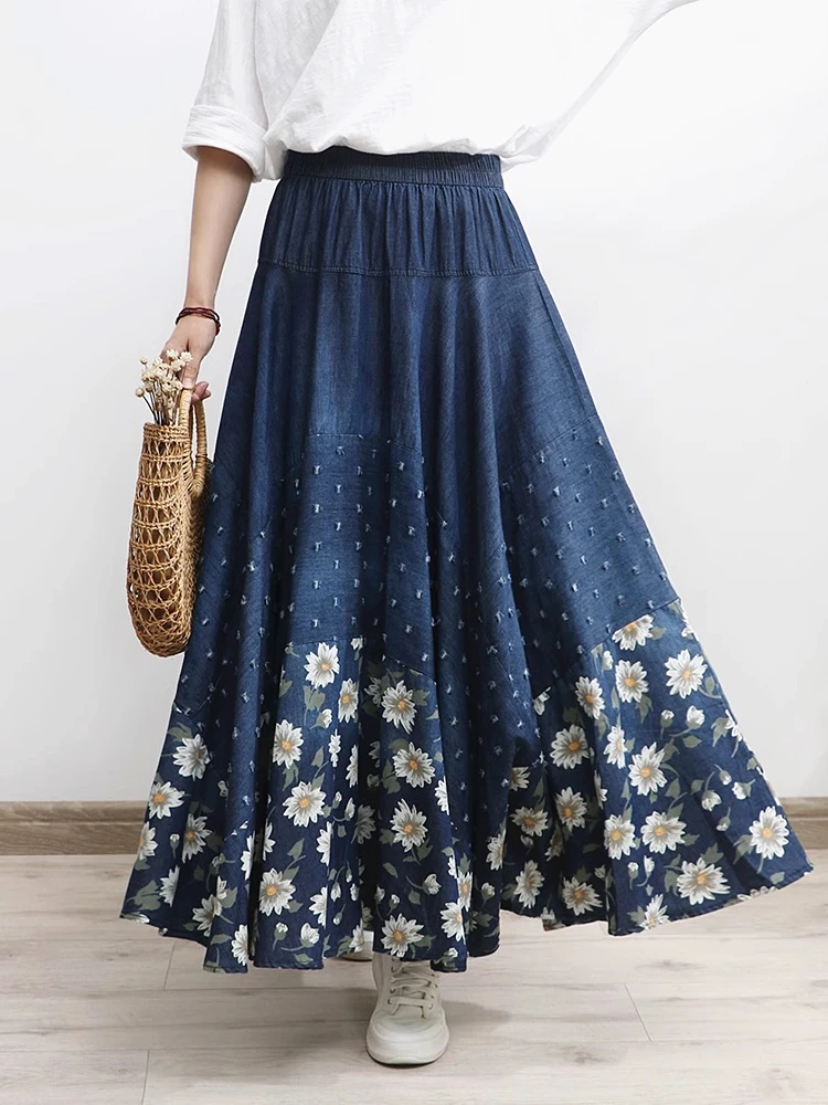 Dark Blue Denim Daisy Printed Hole Patchwork Splicing Pleated Skirts Women's Spring Autumn Vintage Demure Prairie Chic Fashion