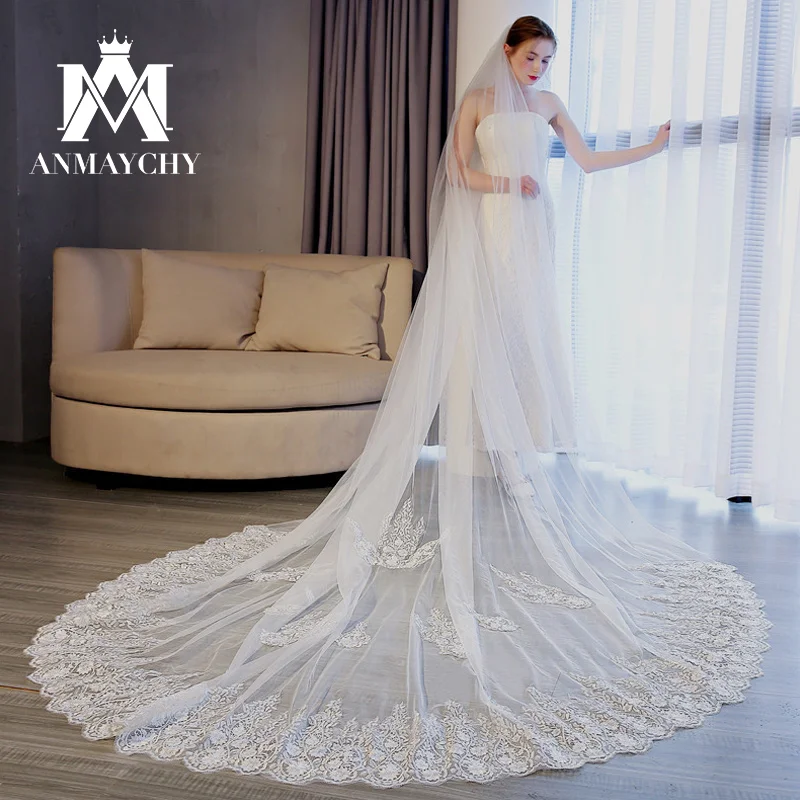 

3.5 Meters Wedding Bridal Veil 2024 Lace Bridal Veil White Ivory Applique Customized Veil With Comb Velo De Novia