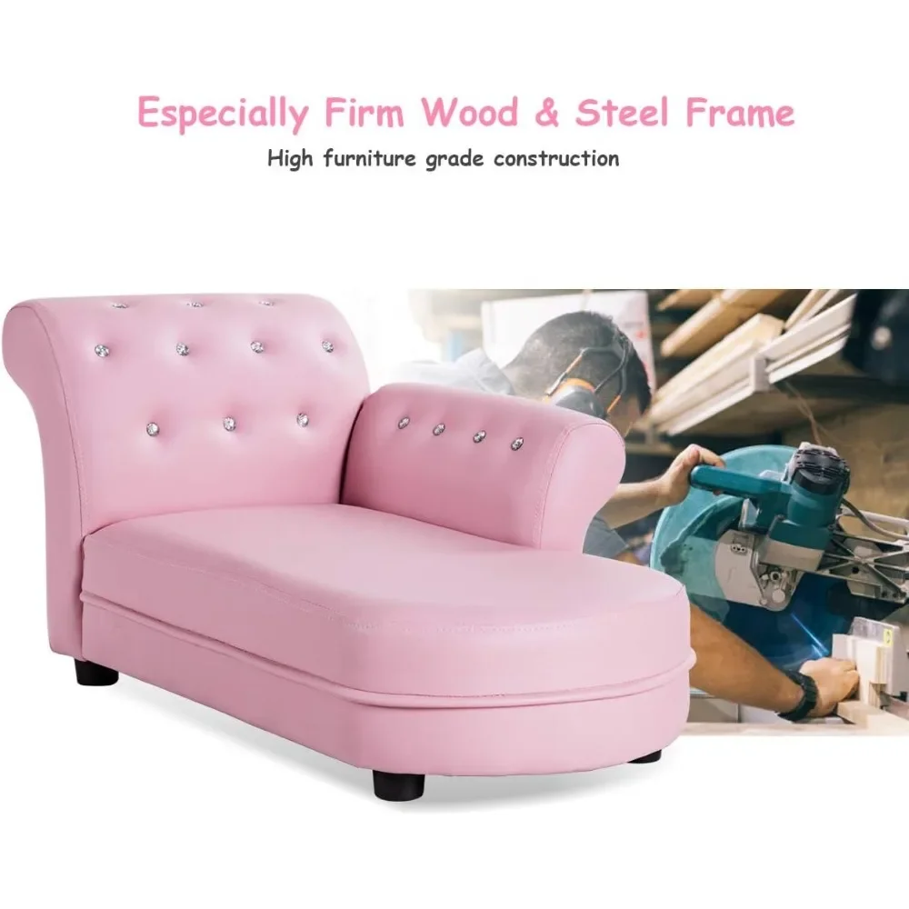 Children's sofa, pink princess sofa, PVC leather and embedded crystal, soft cushioned children's lounge chair