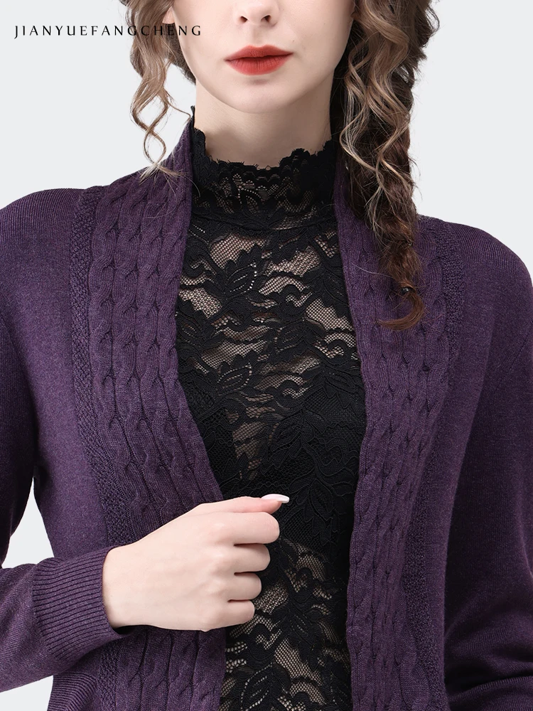 Women Long Sleeve Purple Knitted Cardigan Sweater Fashion Casual No Placket Knit Top indoor Cold-resisitant Wool Shawl