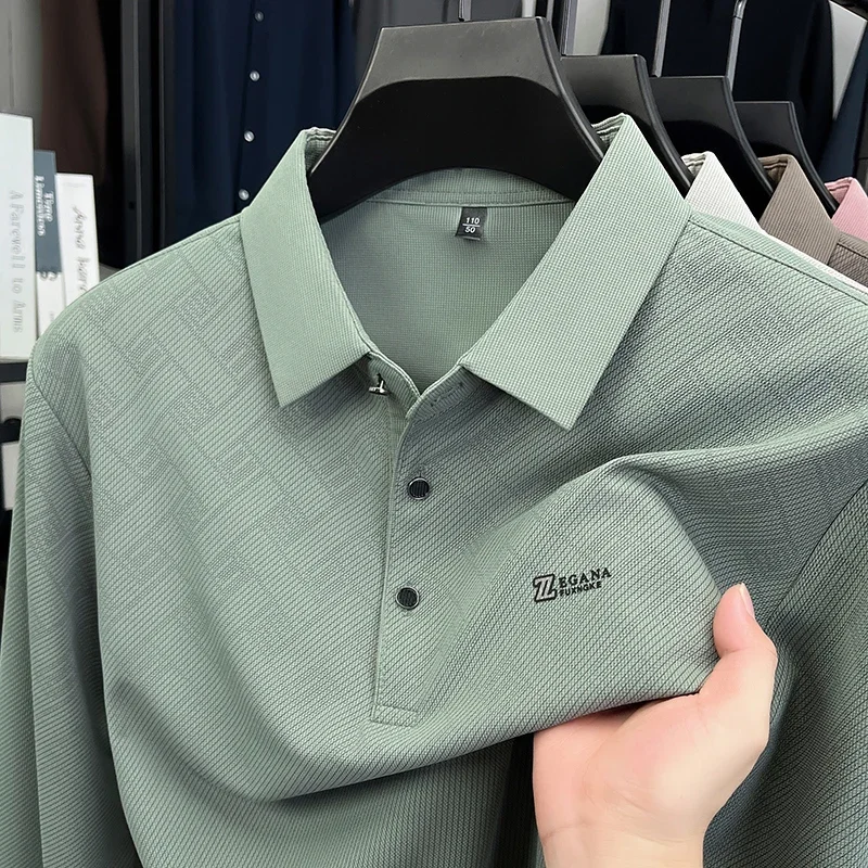 

2025 Spring and Autumn New Men's Long Sleeved T-shirt Flip Collar Thin Polo Shirt Loose Casual Top