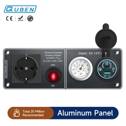 Carregador de carro com Multi-Funções, Painel de Alumínio, Termômetro, Porta Dupla, USB, RV, Iate, Viagem, Reboque, CA 110V, 220V, QC3.0, 12V, 24V