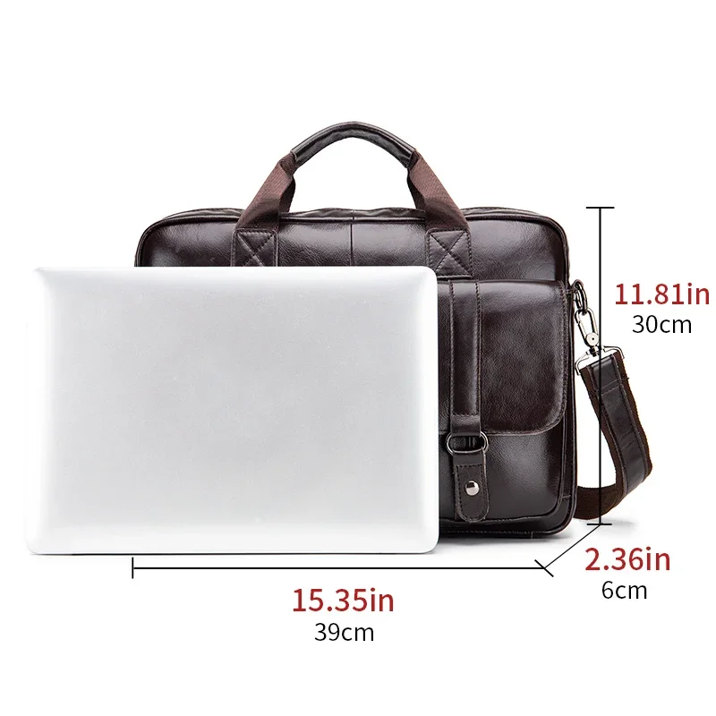 Genuine Leather Men's Briefcase with Double Front Pockets, Large Capacity Computer Bag, Diagonal Cross Handbag
