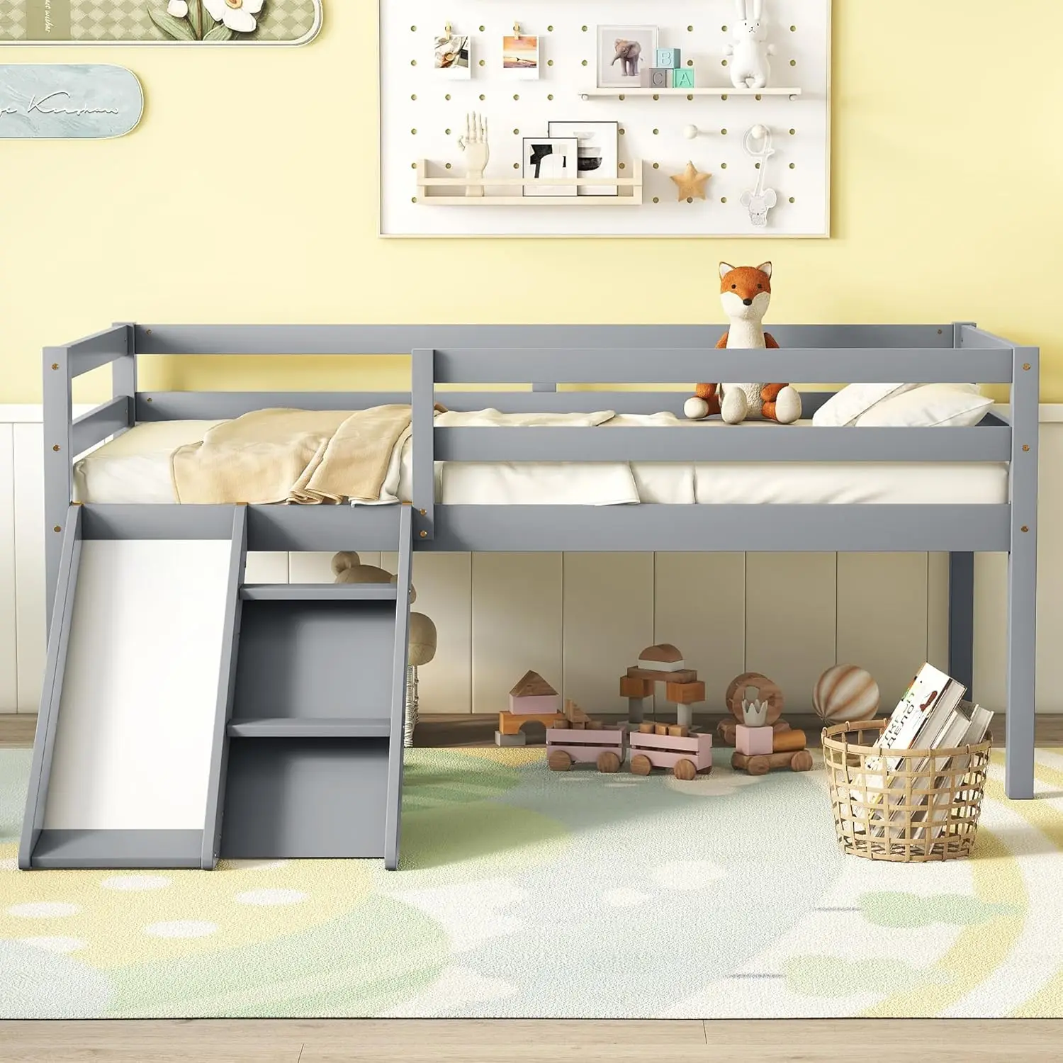 

Twin Loft Bed With Slide, Twin Kids Loft Bed With Slide & Ladder, Wood Low Loft Bed Frame With Safety Guardrails, Sturdy Slat