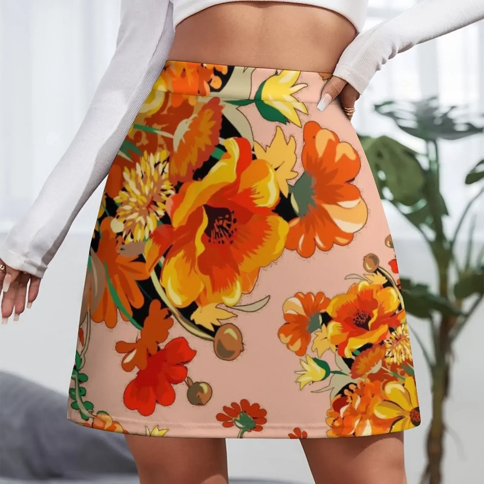 Floral 70s boho flower pattern on pink Mini Skirt Skirt shorts skirt sets Woman clothing Woman