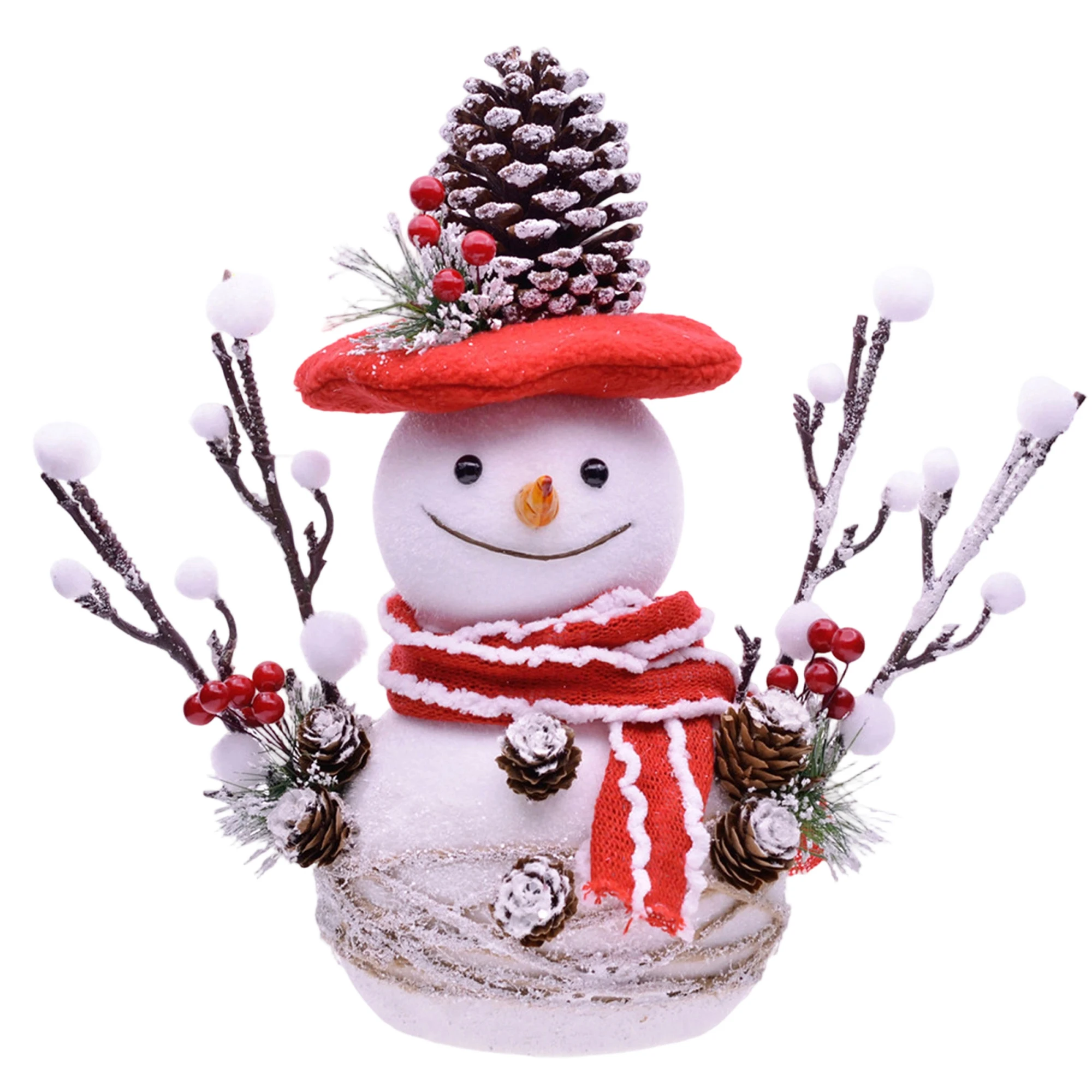 Christmas Snowman Figurine Foam Snowman Doll with Red Hat Scarf and Decorative Pinecones Tabletop Ornament