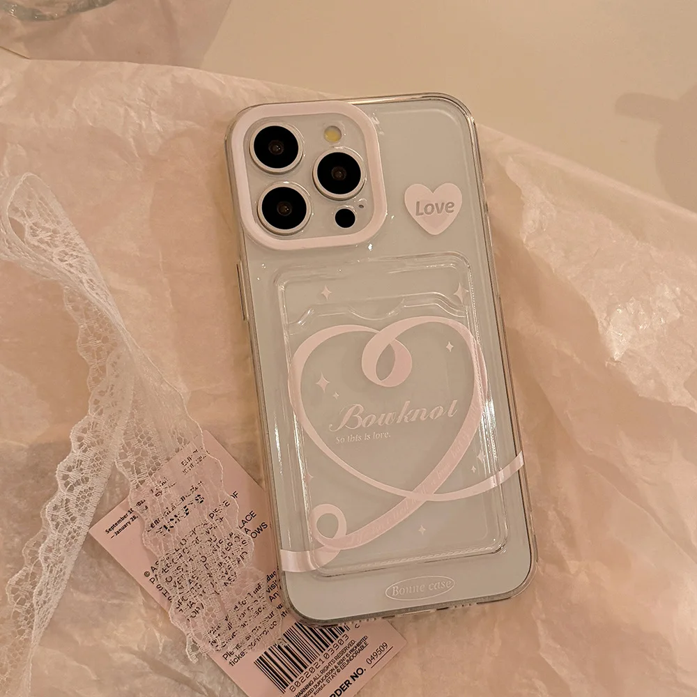 Koreanische Liebe Herz Band Karte Halter Klar Telefon Fall Für iPhone 16 15 14 13 12 11 Pro Max XS XR X 7 8 Plus Stoßfest Abdeckung