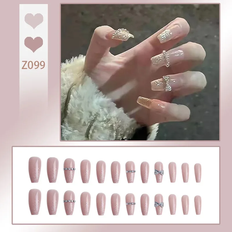 24Pcs/Set Fresh Pure Desire Acrylic Fake Nails Tips Small Flash Checkerboard Bowknot Wearing False Nails French Press on Nails