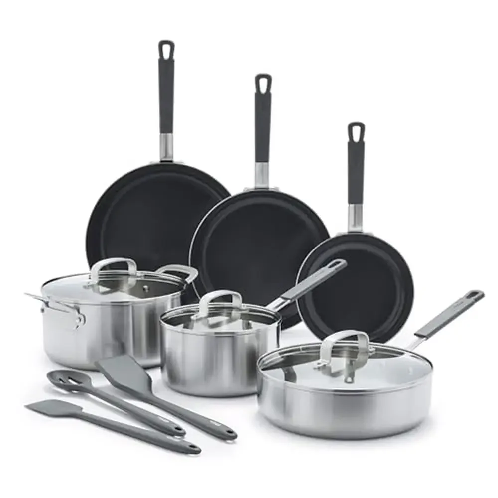 Bobby Flay Stainless Steel Cookware Set 12 Piece PFAS-Free Ceramic Nonstick Induction Chef Grade Pots Pans and Kitchen Utensils