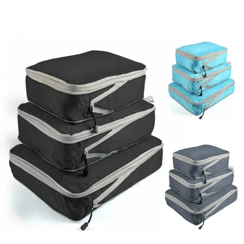 3Pcs/set Black/Blue/Grey Compressible Travel Storage Bag Portable Large Capacity Storage Bag Suitcase Luggage Packing Cubes