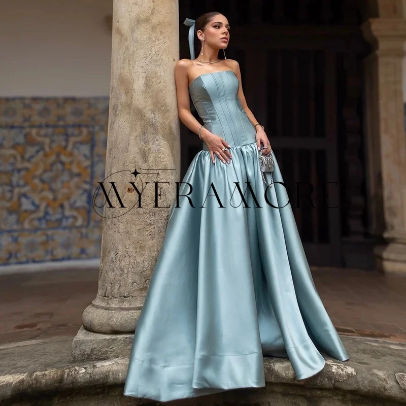 

Simple Blue Strapless Evening Dresses A-Line Zipper Floor-Lenght Pleat Prom Dresses Customized robes de soirée