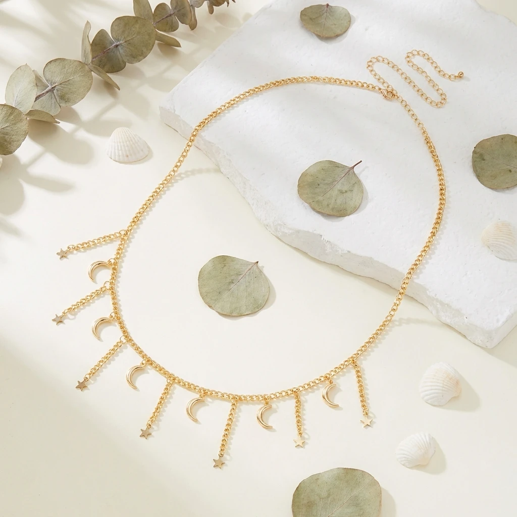 Złoty łańcuszek na talię z zawieszką w kształcie gwiazdy i księżyca dla kobiet, seksowny metalowy łańcuszek z frędzlami, biżuteria na ciało do bikini na imprezę na plaży.