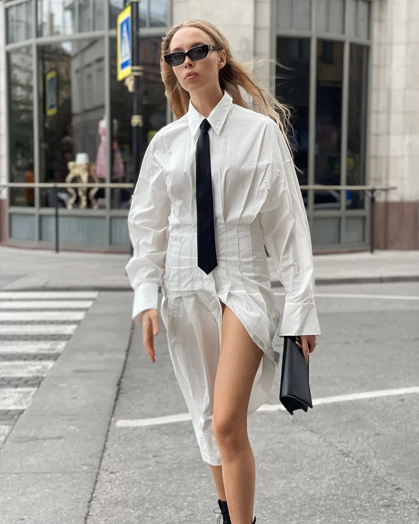 BKLD 2025 Autumn New Fashion Pure Cotton Shirt Dress Women Clothing Commuter Split Long Sleeve High Waist Slimming Pleated Dress