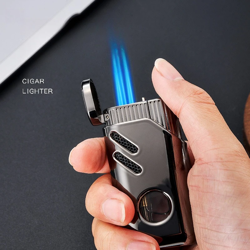 Hot-selling Metal Body Transparent Gass Chamber Three-direction Inflatable Lighter, Outdoor Portable Blue Flame Cigar Lighter