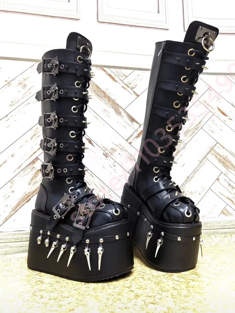 2026 Gothic Black Platform Knee High Boots Women Skull Spike Rivet Multi Buckle Straps Lace Up Side Zip Punk Cosplay Tall Boots view 2