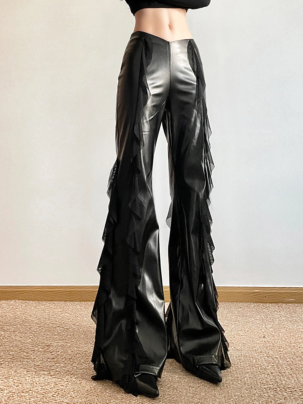 Gothic Street Sle Leather Pants for Women High Waist Tassel Detail Me Splicing Drapey Versatile Long Pants by Weird Puss