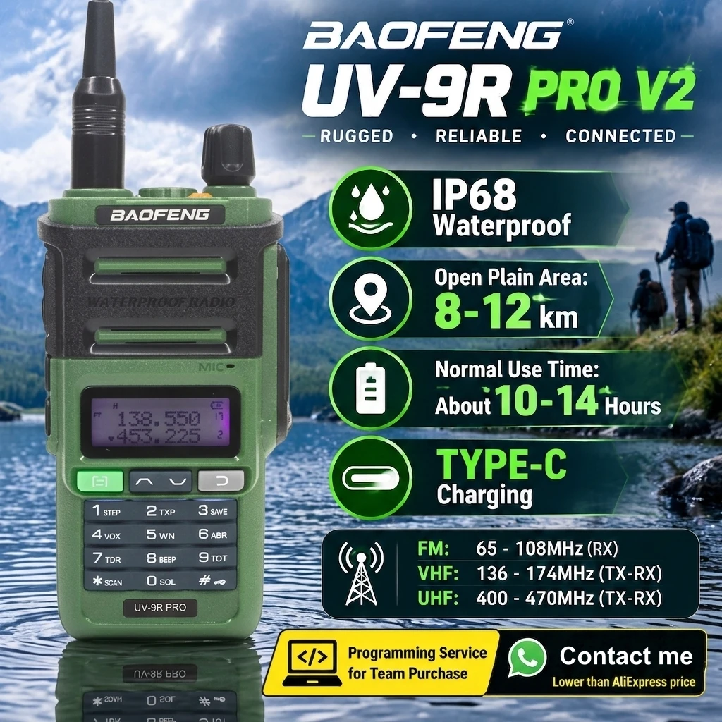 Baofeng Uv-9R Pro V2 Ip68 Waterproof Walkie Talkie Dual Band Vhf Uhf Two Way Radio Type-C Ham Radio Outdoor Camping Hiking