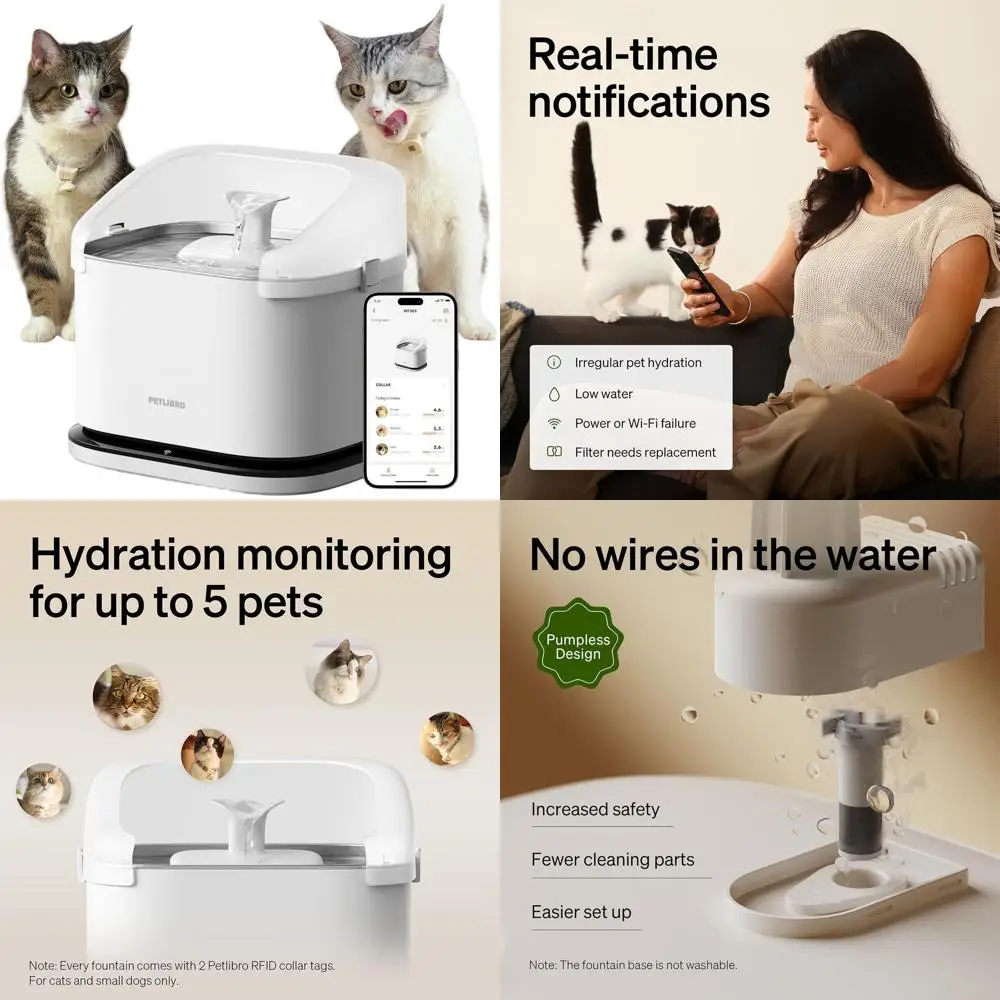 

Smart Cat Water Fountain with Recognition & Hydration Tracking, 3L Capacity, App-Controlled, x2 Collar Tags