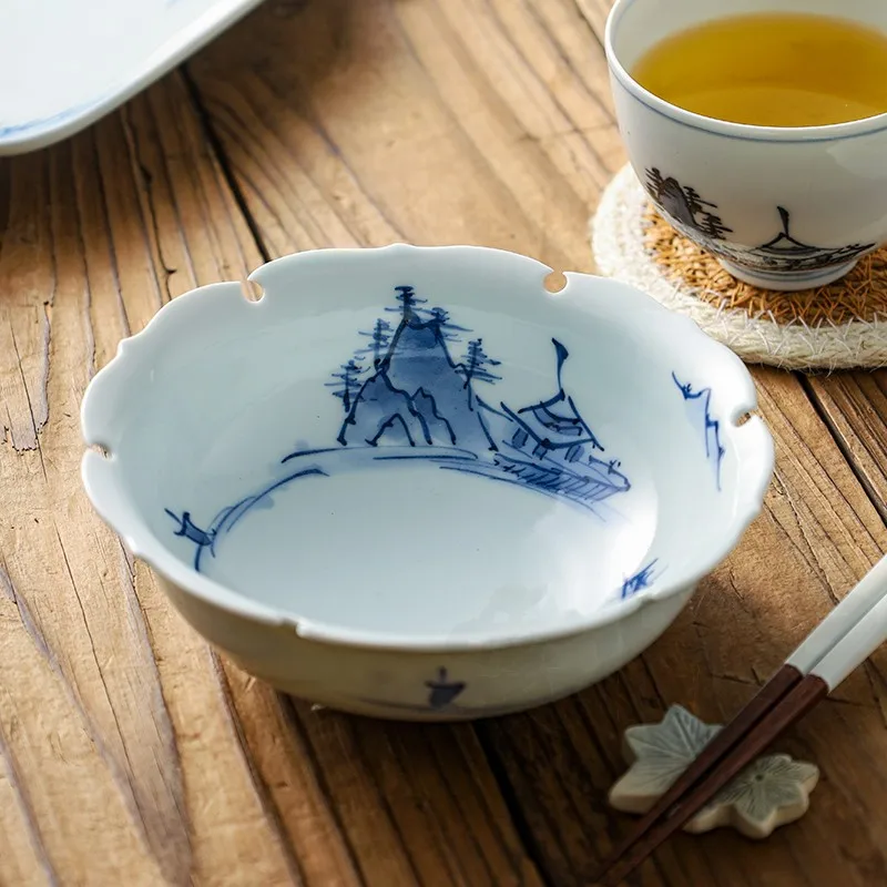 

Японская тарелка Sle Cerc с сине-белым рисунком гор и воды, для фруктов, для домашнего использования, восьмиугольная, плоская, столовая посуда