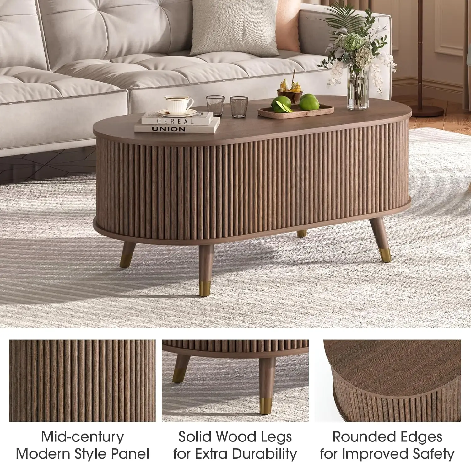 Tavolino da caffè ovale con piano sollevabile, tavolo centrale scanalato da 42,5 pollici con scomparto nascosto e gambe in legno massello, tavolino da caffè con accento moderno