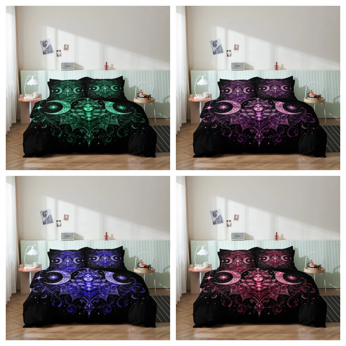 

3pcs Set Gothic Goddess Starry Moon Duvet Cover, Fresh Green Mandala Botanical Bedding, Themed Hotel & Dorm Decoration