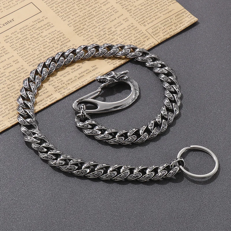 Fongten 60cm Keychain Wallet Belt Chain Rock Punk Cuban Pants Chain Dragon Clasp Stainless Steel Hip Hop Jewelry Men\'s Key Ring