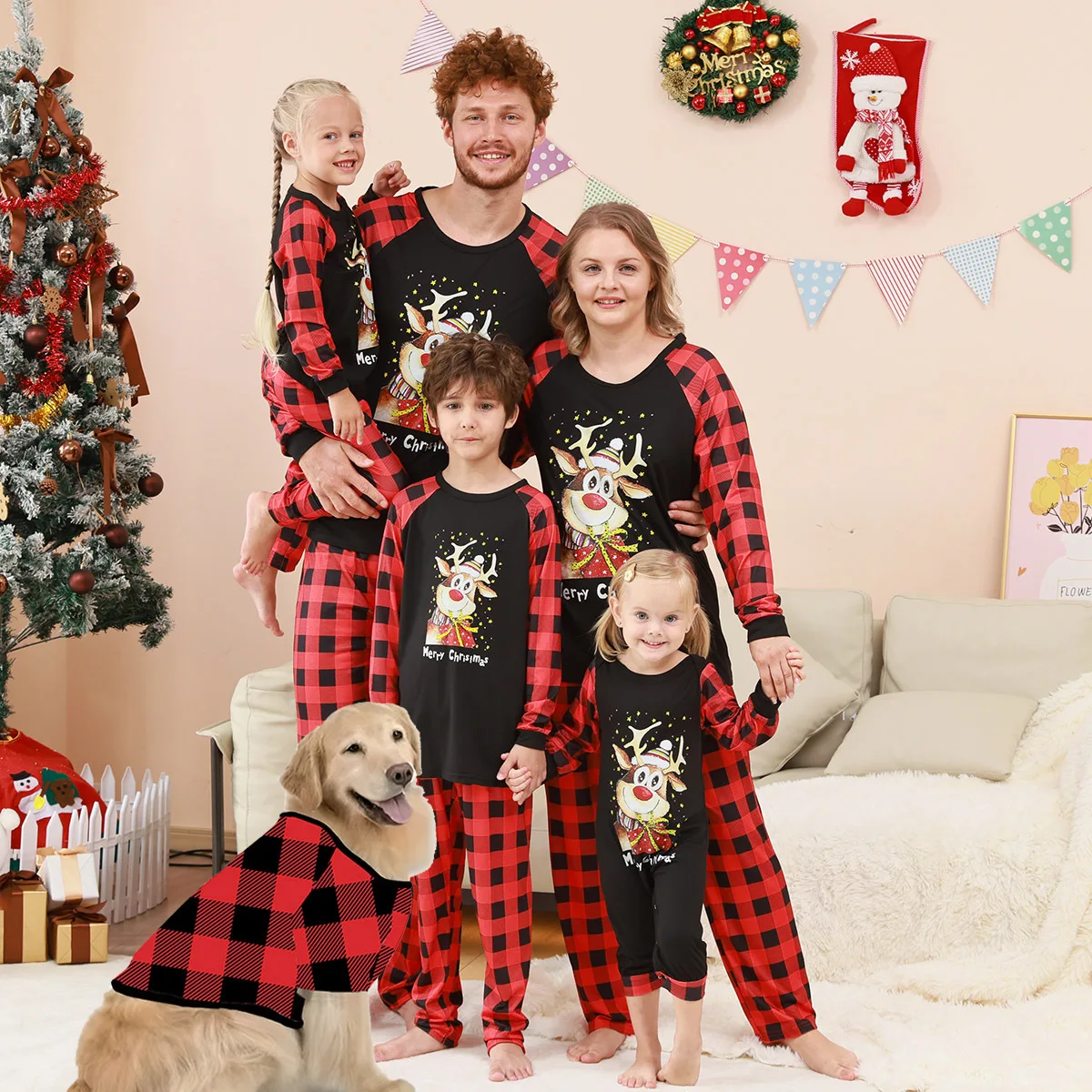 

Christmas Family Pajama Set Parent Child Loungewear Parent-child Set Checkered Patchwork Printed Sleepwear for Sleeping