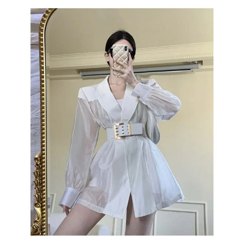 Blazers Women Korean White Breathable Mesh Coat Patchwork Loose Belt Thin Suit Jacket Female Spring Summer Long Sleeve Tops