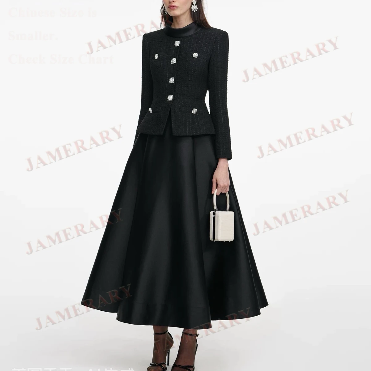 Qualität Marke Frühling Herbst Gefälschte Zwei Stück Lange Kleider Frauen Einreiher Diamant Woolen Tweed Satin Winter Kleid Luxus