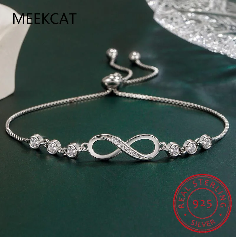 Authentic 925 Sterling Silver Infinity Love Chain Link Adjustable Moissanite Bracelet for Women Luxury Friendship Jewelry