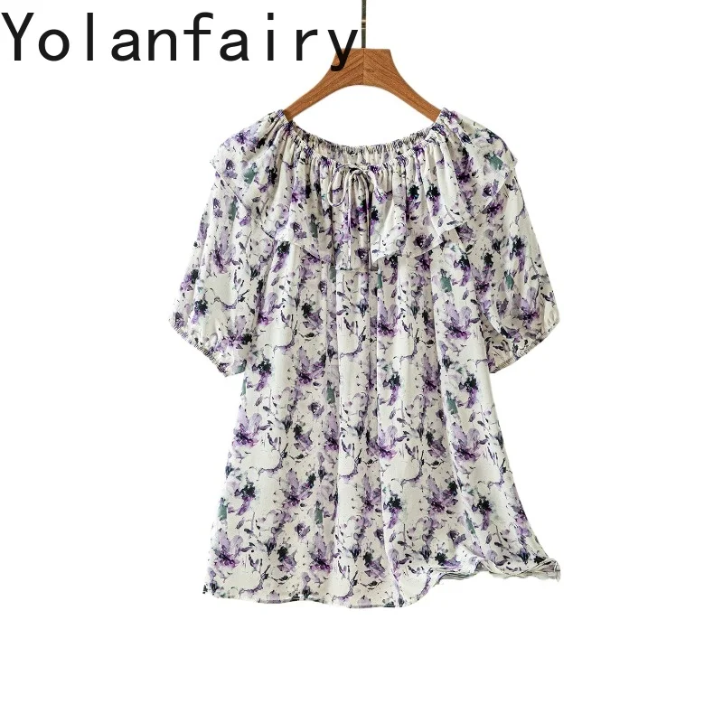 

YOLANFAIRY 100% натуральные шелковые футболки из тутового шелка для женщин, летняя модная футболка с цветочным принтом, женская рубашка с короткими рукавами, блузка, женский топ