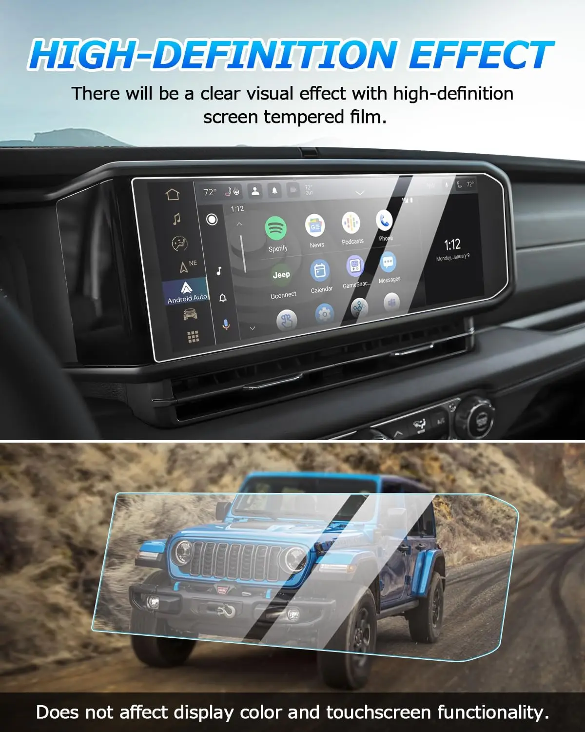 2PCS 12.3 Inch Car Navigation Tempered Glass Screen Protector Film for Jeep Wrangler JL Gladiator JT 2024+ Interior Accessories