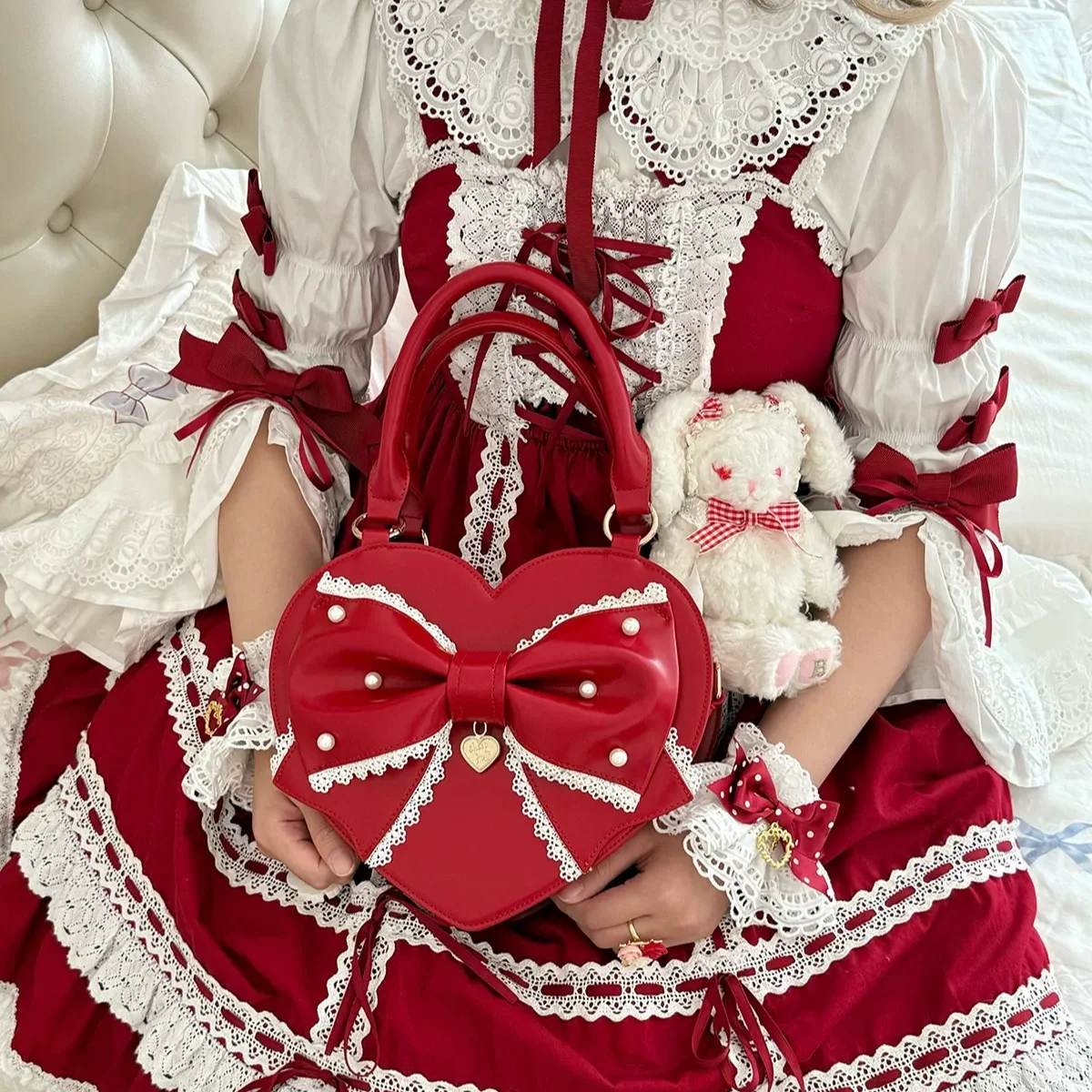 Love Heart Bow Handbag Pearl Beaded bags for Woman Cute Portable Bolsas Lace Bolsos Mujer Bolsa Sweet Lolita Sac Femme