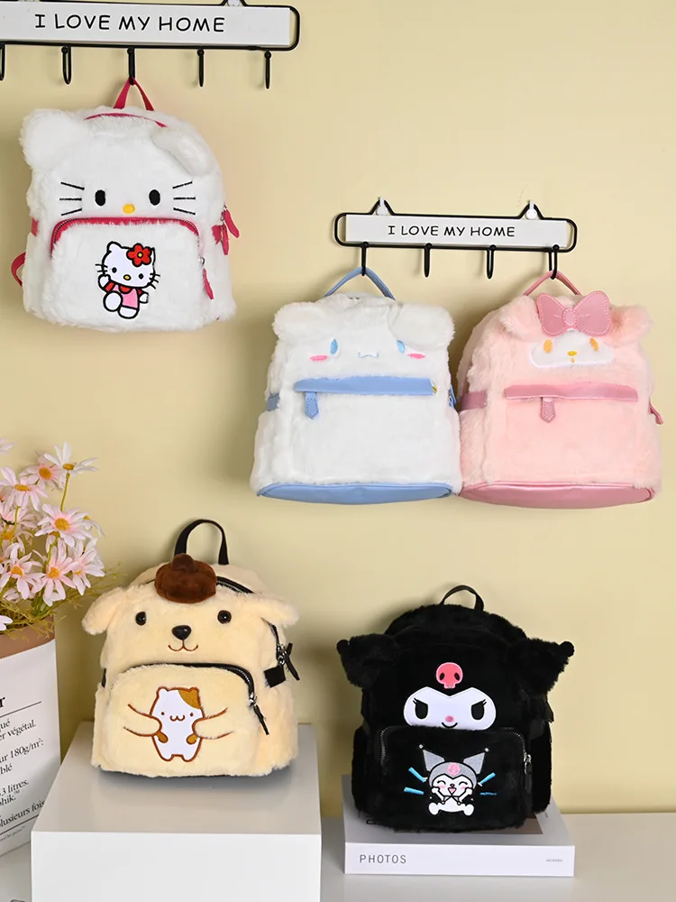 Sanrio Melody Cinnamoroll Plush Pink Mochilas para Mulheres, Mochila dos desenhos animados Kawaii, Mochila Sweet Lolita, Mochila Estudantil Macia Meninas