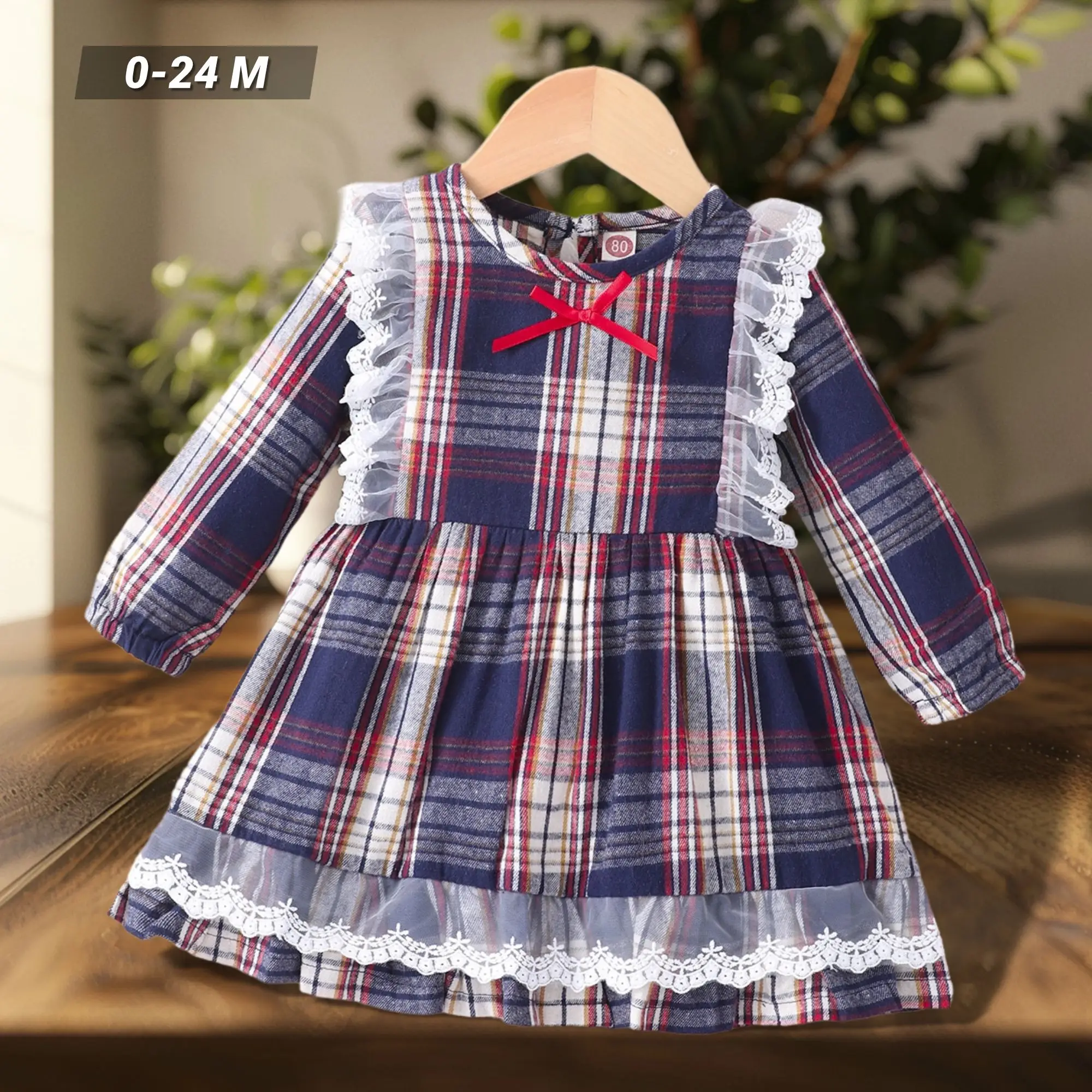 Autumn Winter 2023 Girls Infant/Toddler Long Sleeve Dress Plaid Lace Cotton Cute Casual Children\'s Outfit