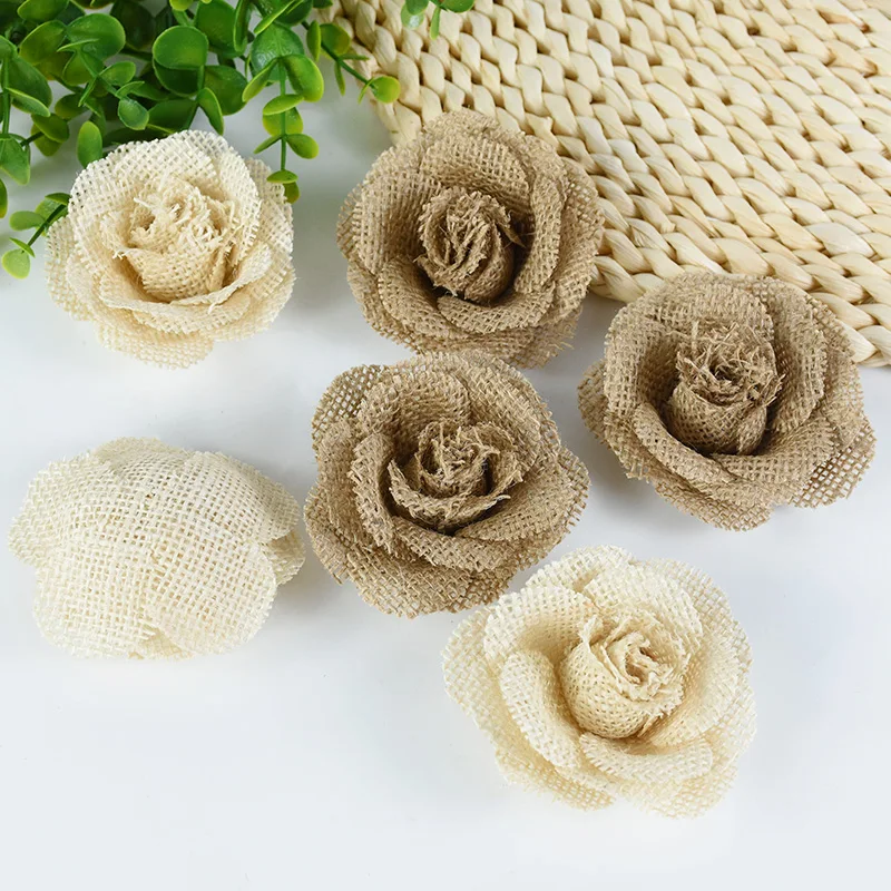 Künstliche Jute-Rosenblume aus Hessian-Stoff, Vintage Handgemachte Blume, Retro Nähzubehör für Hochzeit, Party und Heimdekoration