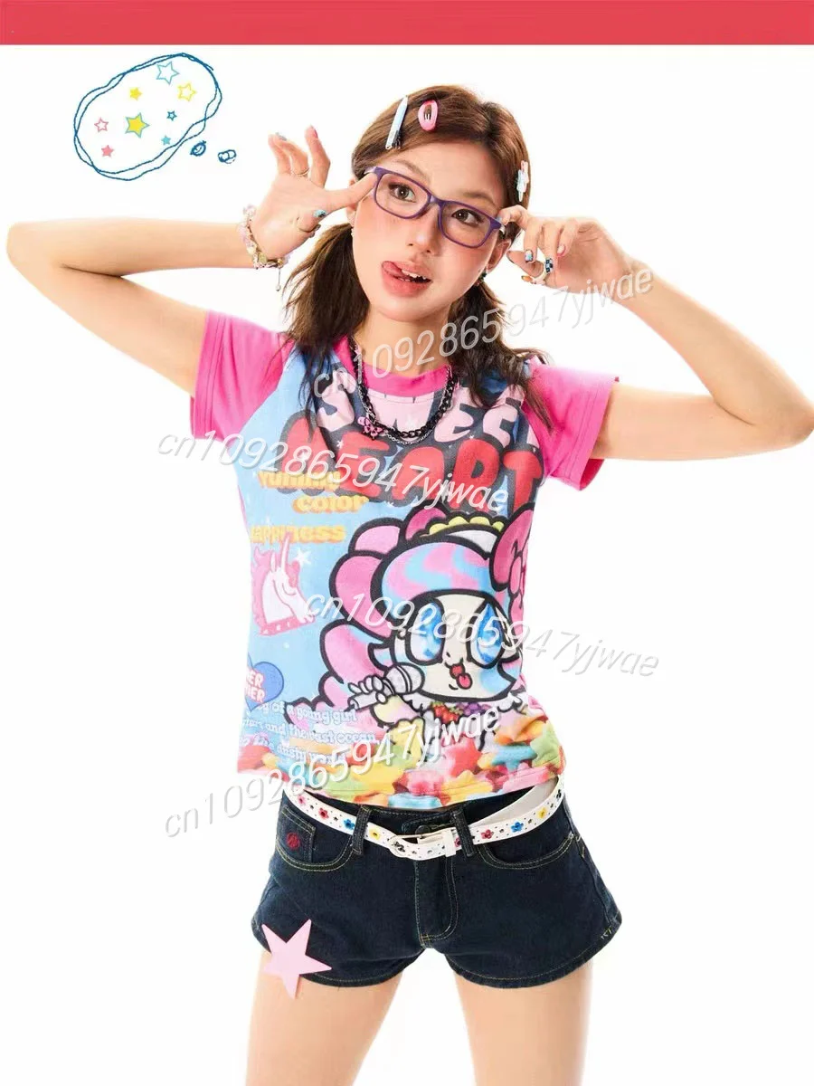 

Japanese Sweet&Spicy Sweetheart Cartoon Printed Short Sleeved T-Shirt Summer Women Y2k Fashion Streetwear O-Neck Sports Tee