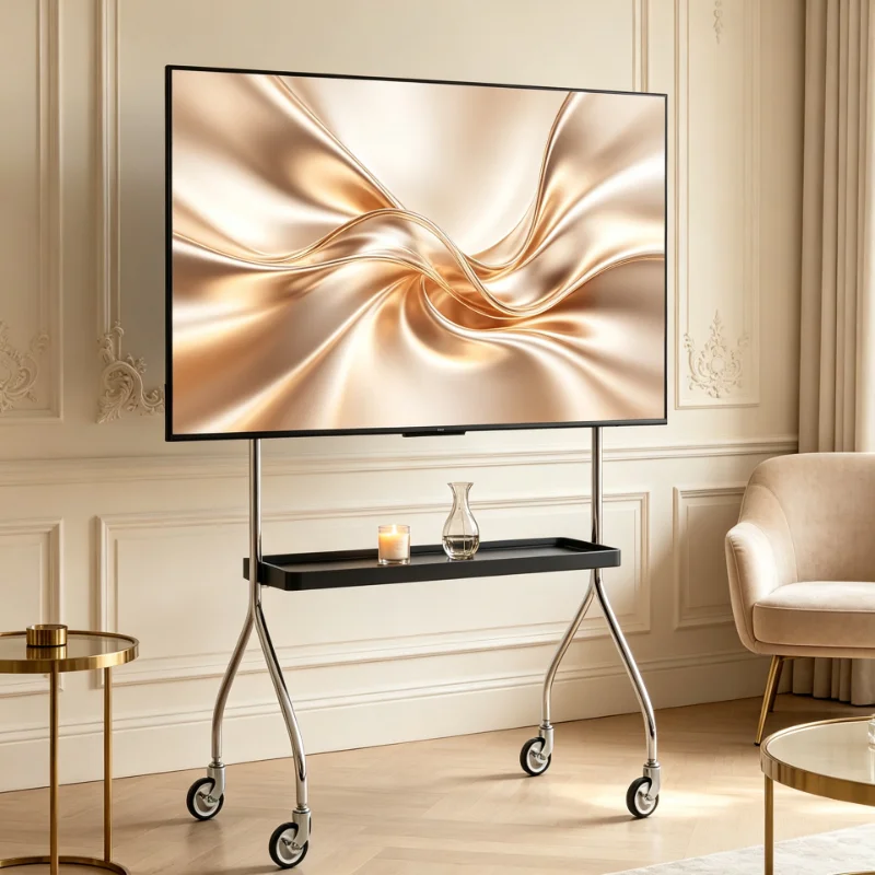 Multifunctional Mobile TV Stand 55 Inch For 32 To 75In With Metal Frame Wooden Panel Luxury Artistic Living Room Storage Helper