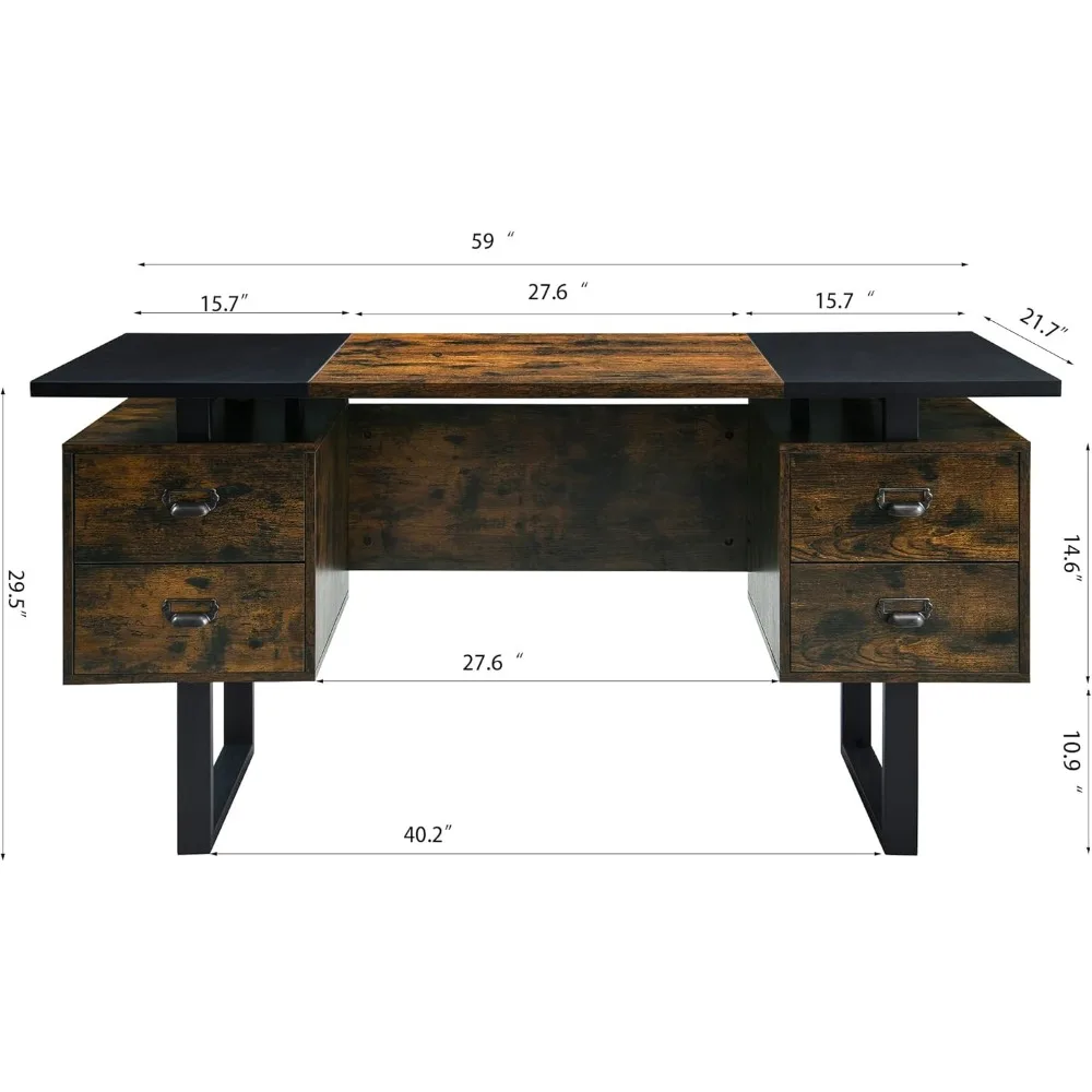 Vintage Study Gaming Table com gavetas de armazenamento, 59 "L Contemporâneo, Home Office, mesa para laptop com mesa flutuante, 4 gavetas de armazenamento