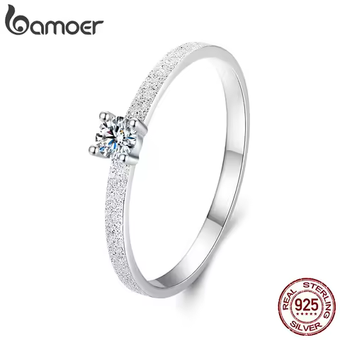 BAMOER 925 Sterling Silver Round Cut Solitare Moissanite Engagement Ring for Women, White Gold Plated Wedding Band Promise Rings