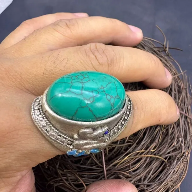 Mongolian Style Ring, Hand Inlaid Natural Stabilized Turquoise Tibetan Antique Ethnic Finger Jewelry