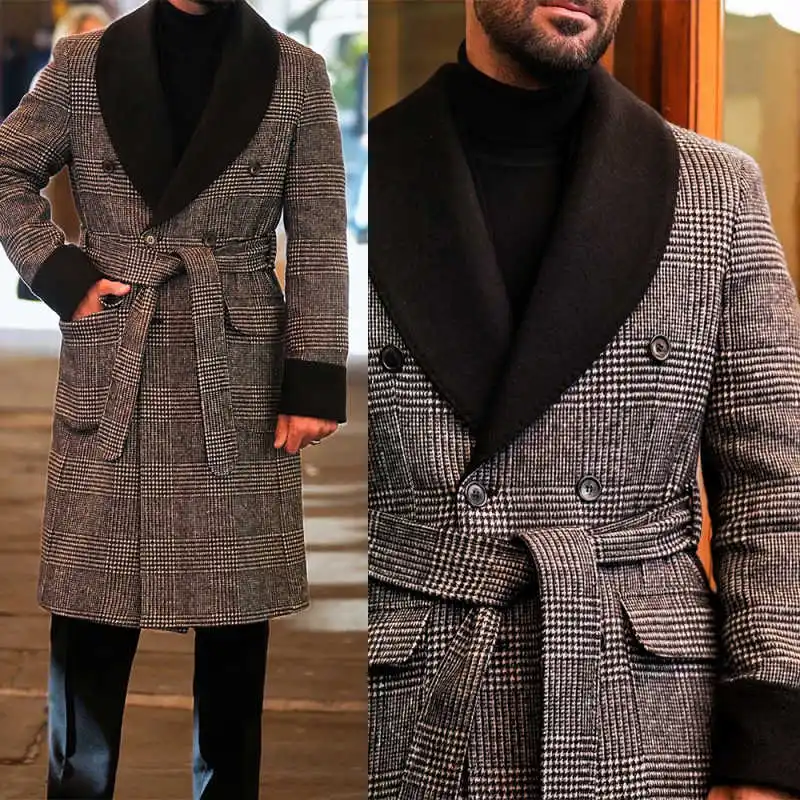 

Modern Plaid Men Overcoat One Piece Men Blazer With Belt Autumn And Winter Wedding Groom Warm Long Coat abrigo hombre