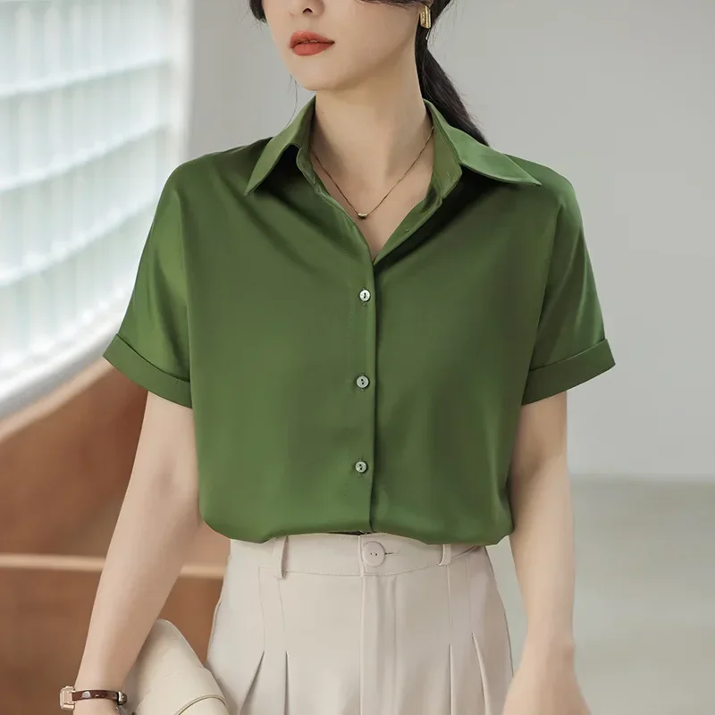 Women Satin Shirt Short Sleeve Summer Ladies Casual Loose Blouse Solid Color Female Single Breasted Tops Elegant Streetwear