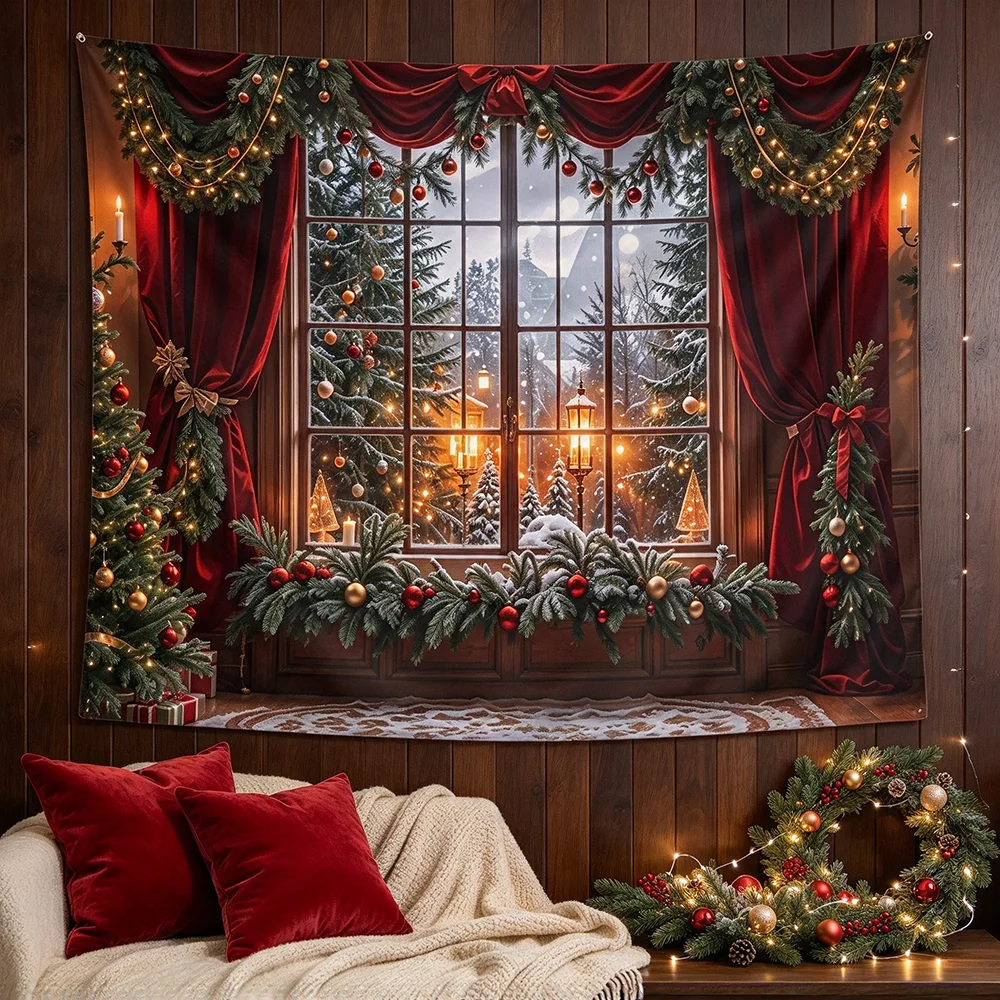 1PCS Tapestry, Red Curtain Christmas Window Garland Tree Scene, Holiday Party Decoration for Home Photo Studio Background