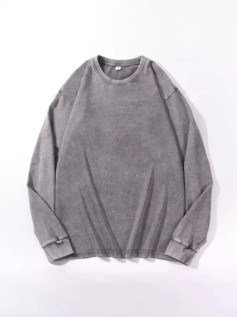 Rundhalsausschnitt Übergroßes Sweatshirt Herren Baggy Fit Langarm T-Shirts Vintage Acid Wash T-Shirt Basic Solid Color Tee Streetwear Y2k – Detail 11