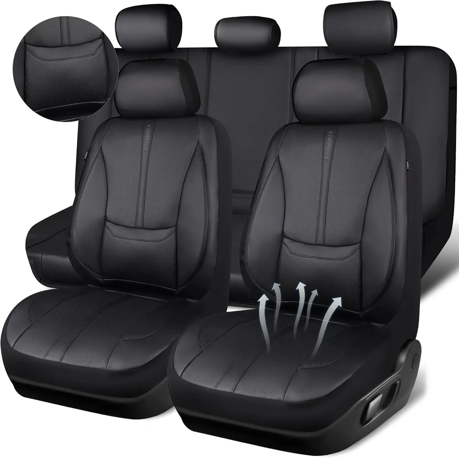 

Водонепроницаемые чехлы для автомобильных сидений из кожи наппа, полный комплект с поддержкой поясницы, универсальные для легковых автомобилей, внедорожников и грузовиков, черные