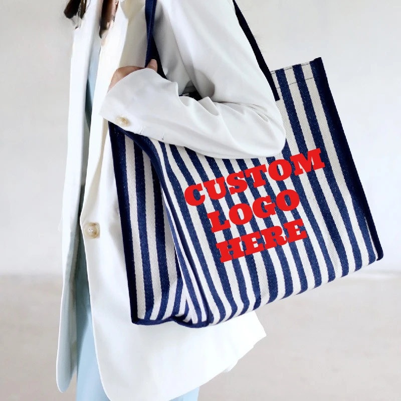 Custom Printed Logo Striped Canvas Bag Korean Style Large Capacity Commuter Tote Bag Versatile Eco-friendly Shoulder Handbags
