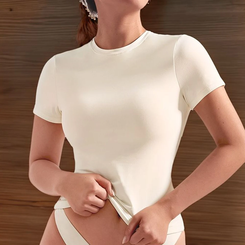 

Женская базовая футболка с двойной подкладкой, женская одежда, летняя эластичная базовая футболка с круглым вырезом и короткими рукавами, укороченный топ Y2K, женский