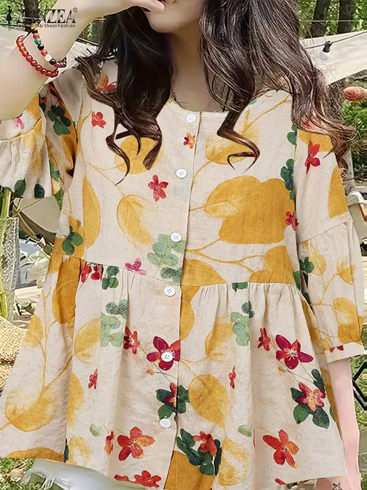 ZANZEA Autumn Elegant Floral Printed Shirt Women 3/4 Lantern Sleeve Blouse Bohemain Casual Holiday Blusas Ruffles Hem Tunic Tops